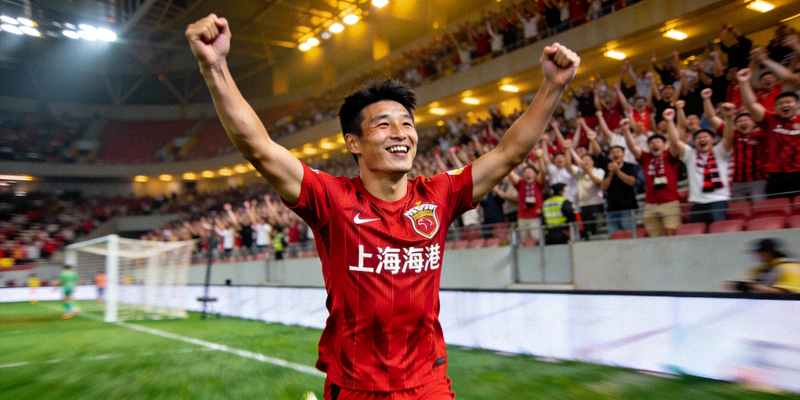 中超联赛上海海港队球员武磊庆祝进球瞬间